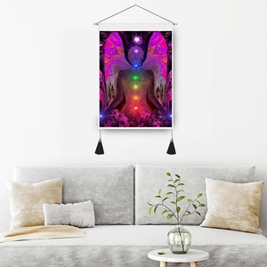 Meditation wall tapestry featuring chakra silhouette and purple background with tassels