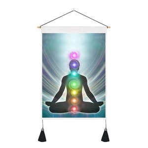 Meditation yoga tapestry with seven chakra silhouette, wooden pole and black tassels
