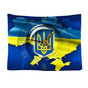 Ukraine flag tapestry featuring coat of arms and Roman numeral clock face design