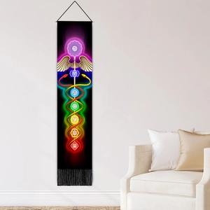 Vertical black yoga meditation tapestry with seven chakras, caduceus and black tassels