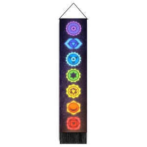 Vertical seven chakra meditation wall tapestry with purple galaxy print and black tassels