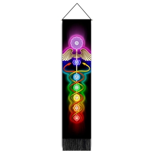 Rainbow Chakra tapestry with double snakes and tassels for yoga meditation room wall decor