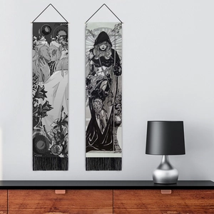 European illustration wall tapestry with black fringes for minimalist living room decor