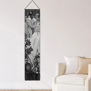 European illustration wall tapestry featuring lovers kissing and black tassels for home decor