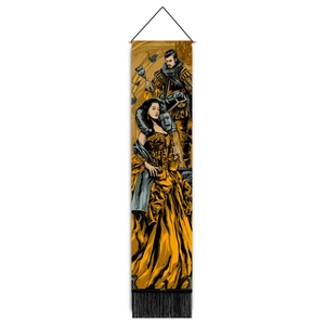 Baroque style tapestry with golden illustration, black tassels and hanging rope for wall decor