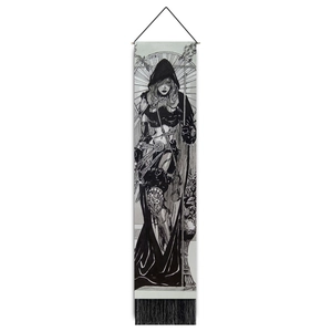 Vertical black and white warrior illustration tapestry with wooden bar and tassels