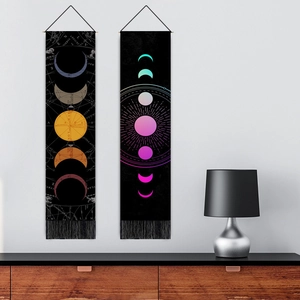 Vertical wall tapestries with colorful moon phases and black tassels for home decor