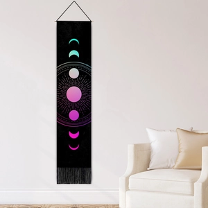 Vertical lunar phase wall hanging with neon gradient moon cycles and black tassels