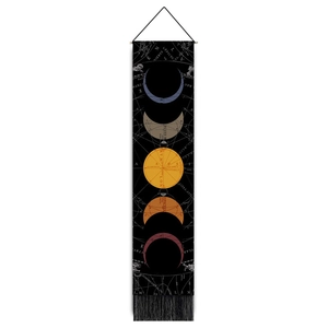 Vertical moon phase wall tapestry with vintage astrology charts and black tassels
