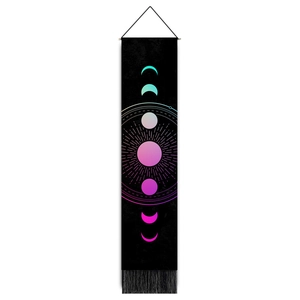 Vertical moon phase wall tapestry with colorful gradient print and black fringe trim
