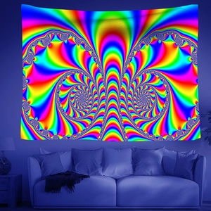 Detail of psychedelic mandala tapestry with vibrant UV neon fractal forest pattern