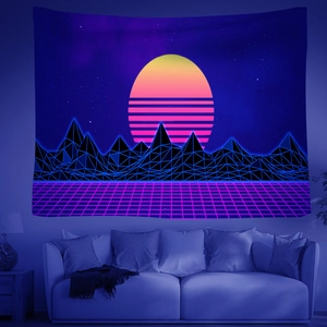 Neon synthwave forest tapestry hanging over a sofa with purple fluorescent lighting