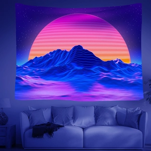 Fluorescent UV psychedelic mandala tapestry with synthwave retro sunset over living room sofa