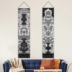 Nordic Style Polyester Cotton Wall Tapestry With Tassel And Wood Rod Black White Floral Vase Pattern Hanging Painting Home Decor