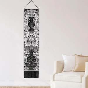 Vertical minimalist floral canvas tapestry with black tassels for living room wall decor