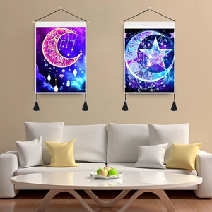 Mandala Moon Star Tapestry Wall Hanging Poly Cotton Fabric Bohemian Art Decor With Wooden Rod And Tassels For Living Room