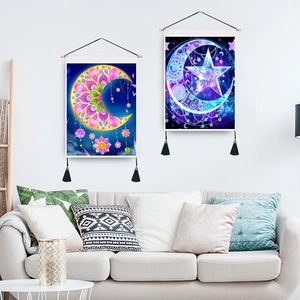Mandala moon and star tapestries with wooden poles and tassels for home wall decor