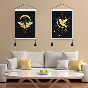 Boho Mystischer Schwarz Gold Wandteppich Holzstab Quaste Mondphasen Tierkreis Löwe Motte Kolibri Okkulte Kunst Haus Deko