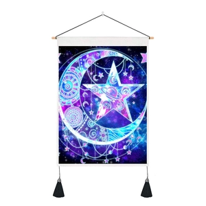 Starry moon tapestry with wooden rod and black tassels for celestial wall decoration