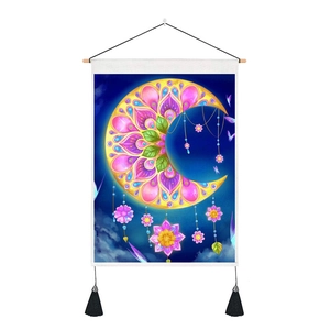 Bohemian moon mandala wall tapestry with pink flower patterns and black tassels