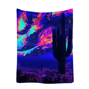 UV reactive psychedelic tapestry featuring starry night desert and cactus scenery