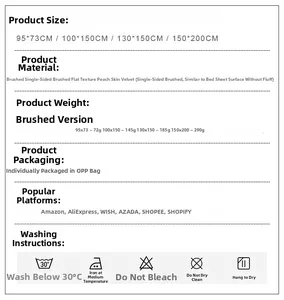 Size chart and washing guide for square beach series peach skin fabric tapestry