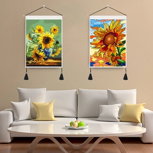 Arazzo da Parete Moderno con Girasole con Asta in Legno e Nappina Stile Nordico Poster Floreale per Soggiorno Decorazioni