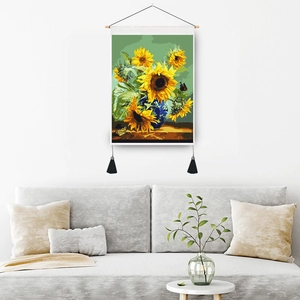 Quadro moderno girasole su tela con supporto in legno e nappe nere per decorazioni