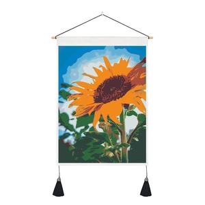 Arte murale moderna con girasole astratto con cornice in legno e nappe decorative