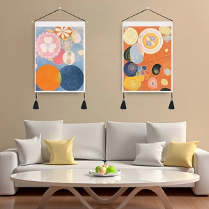 Arazzo Astratto Moderno da Parete Bohémien Geometrico Floreale Tela Artistica Con Asta in Legno Nappa Decorazione Murale Casa