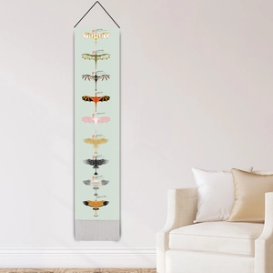 Hanging wall scroll with dragon evolution chart on fabric with grey fringe tassels