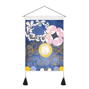 Arazzo astratto moderno con fiori rosa e asta in legno per decorazione della parete