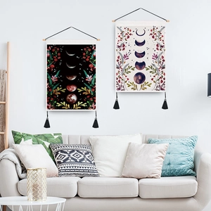 Bohemian moon phase and floral tapestry set with tassels for living room wall decor