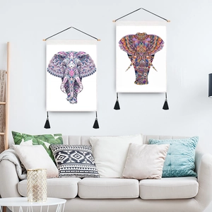Modern elephant mandala wall art set with wooden hanging rod and black tassels