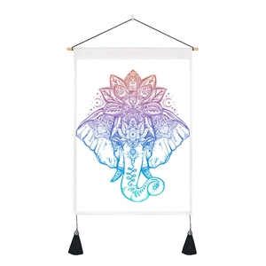 Modern elephant mandala wall hanging with lotus pattern and tassels on wooden rod