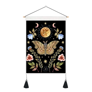 Nordic butterfly moth tapestry with moon phases, flowers and tassels for wall decor
