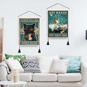 Nordic funny cat wall tapestry set with wooden rod and tassels for home wall decor