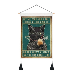 Nordic wall hanging decor featuring a vintage tattoo cat illustration on cotton linen