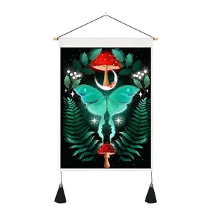 Symmetric forest tapestry featuring moths and mushrooms with wooden rod and black tassels