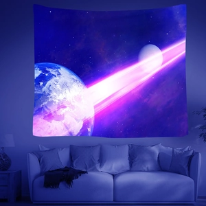 Outer space tapestry with Earth and glowing purple nebula for dormitory wall decoration