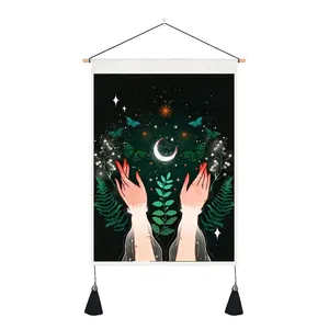 Detail view of butterfly and mushroom wall tapestry with wooden rod and black tassels