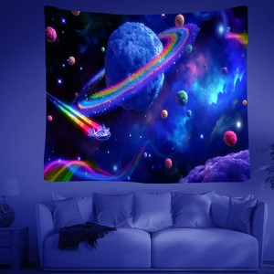 Detailed view of cosmic tapestry with neon planets and spaceship under UV light glow