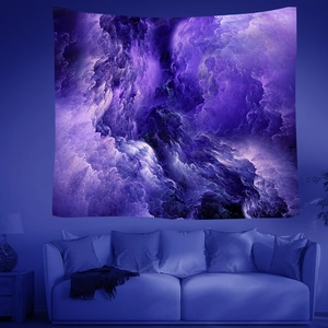 Macro detail of purple nebula tapestry showing abstract smoke pattern on polyester fabric