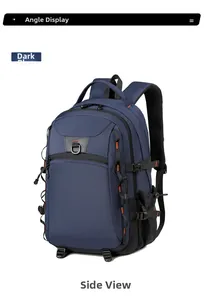 Detail view of dark blue outdoor backpack showing durable zippers and buckle system