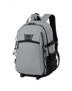 Detail view of large capacity outdoor backpack with durable fabric and orange stitching