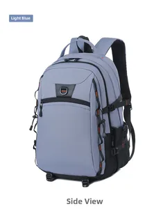Detail of light blue waterproof outdoor backpack with side mesh pocket and orange stitching