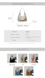 Size chart for large canvas tote bag showing dimensions, fabric details and five color options