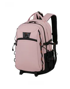 Pink outdoor backpack featuring black buckles, mesh side pockets and large capacity storage