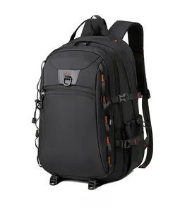 Side view of large outdoor backpack with multiple compartments and orange stitching details