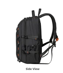 Side view of black tactical backpack showing mesh water bottle pocket and orange buckles